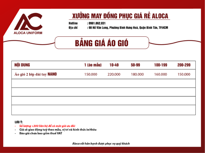 Bảng giá áo khoác gió đồng phục